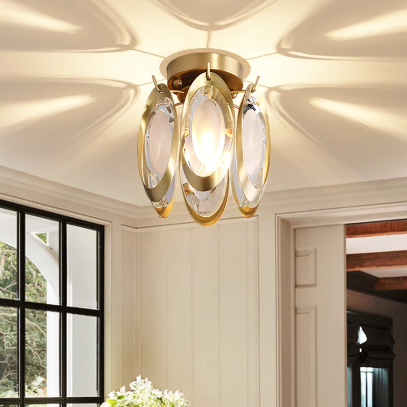 Ovale plafondlamp van metaal en kristal Modern 1-lichts messing semi-inbouwlamp Clearhalo