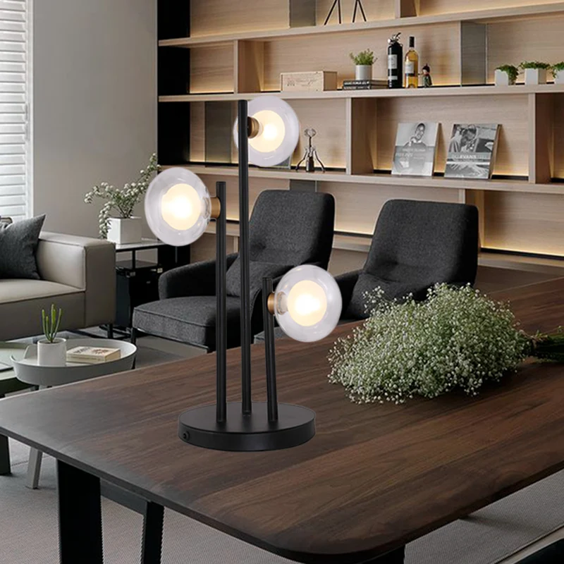 Ovale slaapkamernachttafellamp helder glas 3-kops moderne LED-nachtlamp zwart Clearhalo