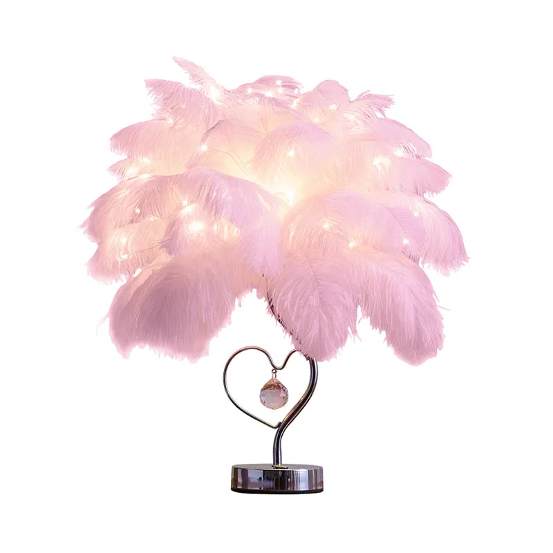 Palmboom Feather Tafelverlichting Modern Romantisch Roze/Wit LED-nachtkastjelamp met K9 Crystal Drop Clearhalo