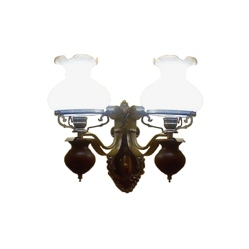 Pastorale handgemaakte kruik wandkandelaar 1/2-kop opaline geribbeld glas wandmontage lichtarmatuur brons Clearhalo