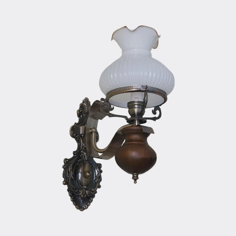 Pastorale handgemaakte kruik wandkandelaar 1/2-kop opaline geribbeld glas wandmontage lichtarmatuur brons Clearhalo