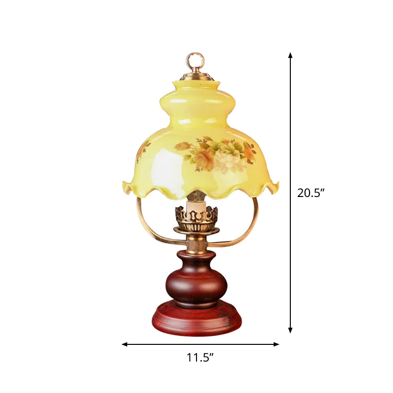 Pastorale kalebas-nachtlamp met ruches en 1 lichtgeel glazen tafelverlichting met patroon roodbruin Clearhalo