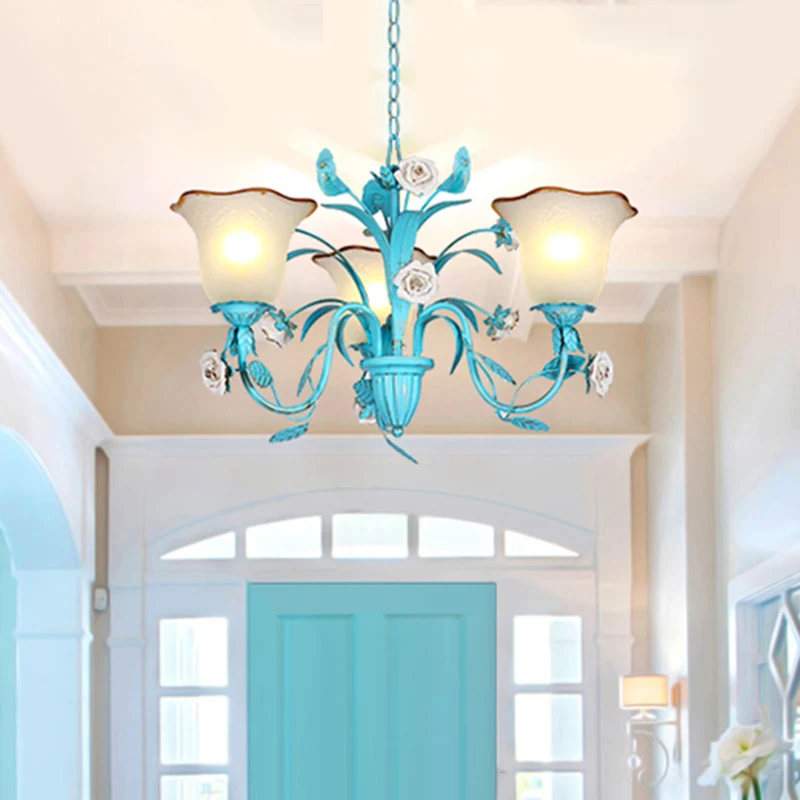 Pastorale uitlopende kroonluchter hanglamp 3/5/7 koppen metalen LED-ophangverlichting blauw met rozendecor Clearhalo