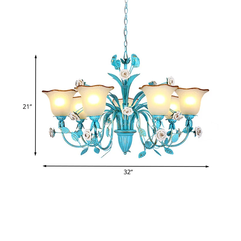 Pastorale uitlopende kroonluchter hanglamp 3/5/7 koppen metalen LED-ophangverlichting blauw met rozendecor Clearhalo