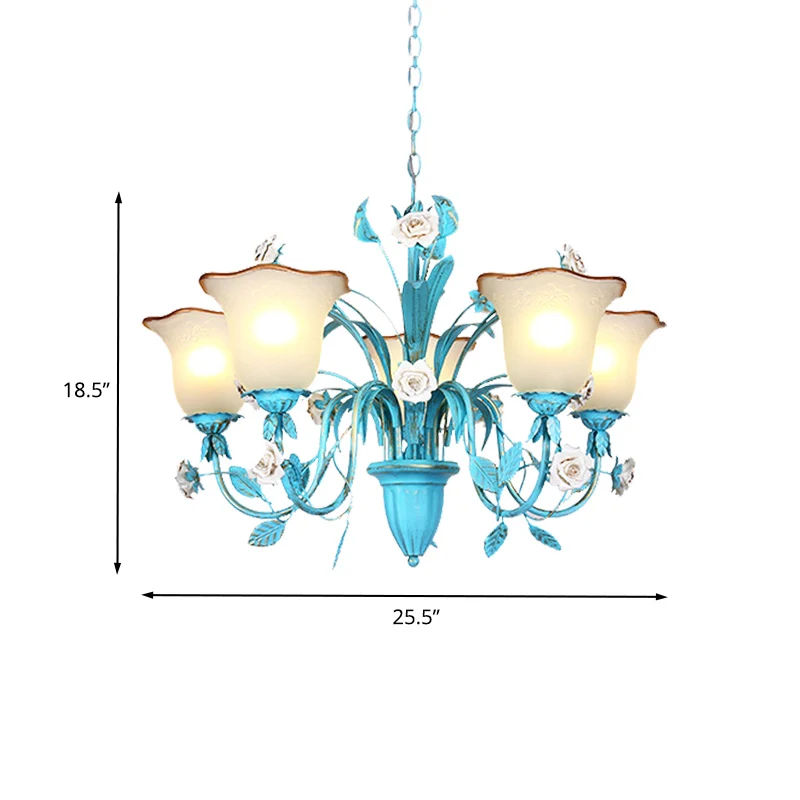 Pastorale uitlopende kroonluchter hanglamp 3/5/7 koppen metalen LED-ophangverlichting blauw met rozendecor Clearhalo