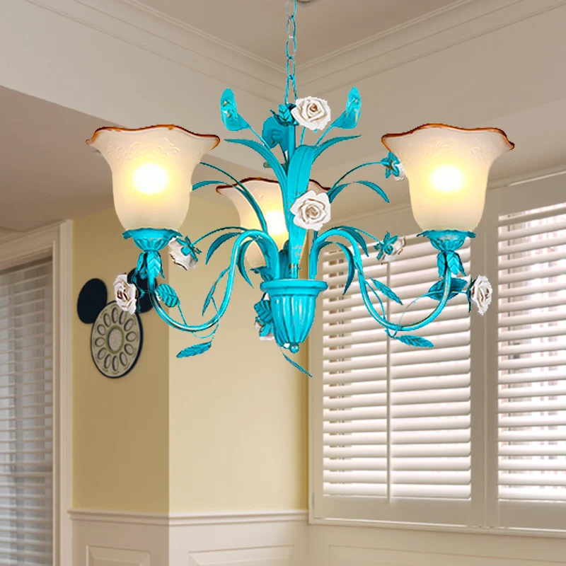 Pastorale uitlopende kroonluchter hanglamp 3/5/7 koppen metalen LED-ophangverlichting blauw met rozendecor Clearhalo