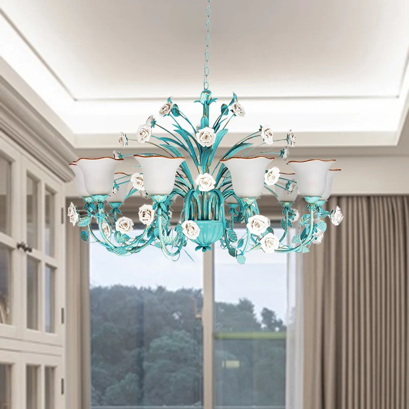 Pastorale uitlopende kroonluchter hanglamp 3/5/7 koppen metalen LED-ophangverlichting blauw met rozendecor Clearhalo