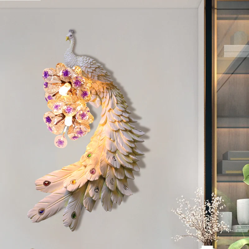 Pauw Slaapkamer Wandlamp Landelijk Hars 2 Lichten Wit/Groen/Goud Muurverlichting Idee met Bloemen Kristallen Bol Decor, Li...