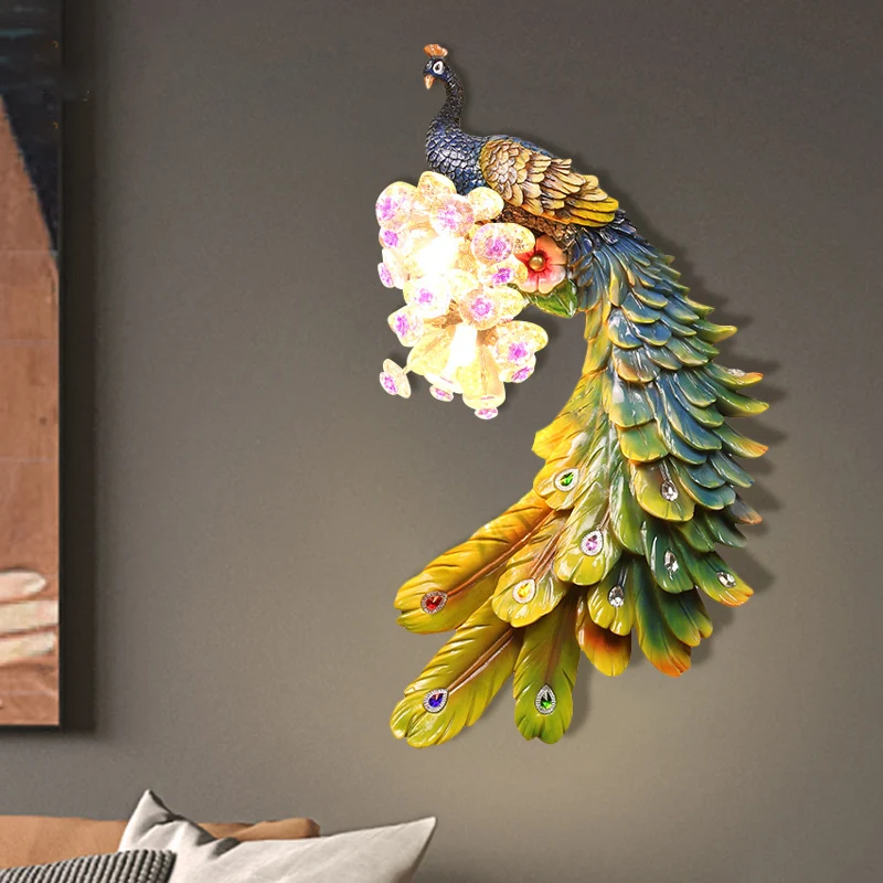 Pauw Slaapkamer Wandlamp Landelijk Hars 2 Lichten Wit/Groen/Goud Muurverlichting Idee met Bloemen Kristallen Bol Decor, Li...