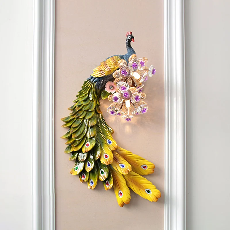 Pauw Slaapkamer Wandlamp Landelijk Hars 2 Lichten Wit/Groen/Goud Muurverlichting Idee met Bloemen Kristallen Bol Decor, Li...
