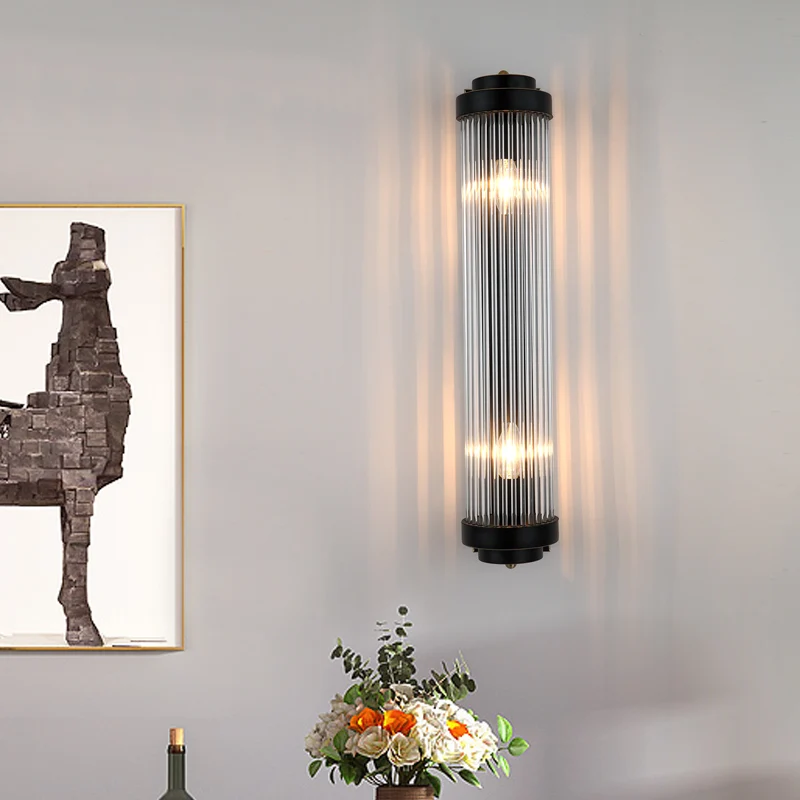 Pipe wandlamp moderne stijl helder kristal en metaal 2 lampen schansarmatuur zwart voor nachtkastje Clearhalo