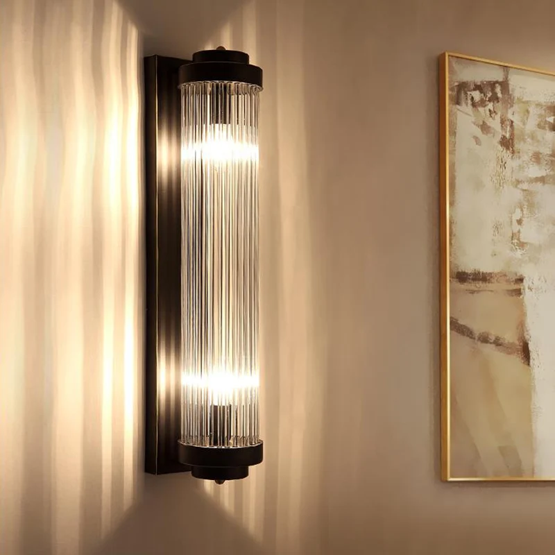 Pipe wandlamp moderne stijl helder kristal en metaal 2 lampen schansarmatuur zwart voor nachtkastje Clearhalo