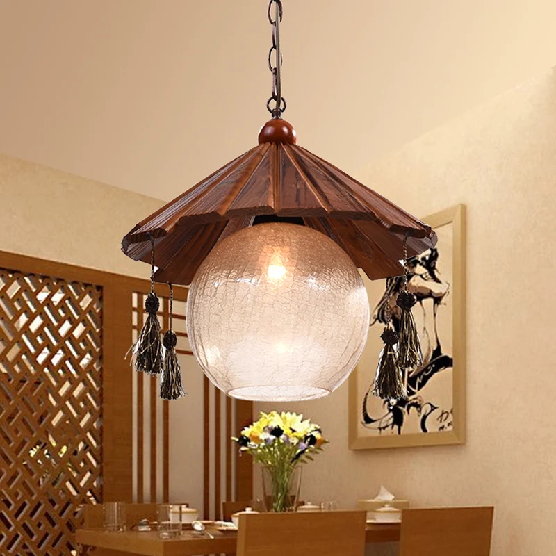 Plafondhanger met 1 kop, kegel, traditionele bruine afwerking, houten neerwaartse verlichting met bolvormige helder craque...