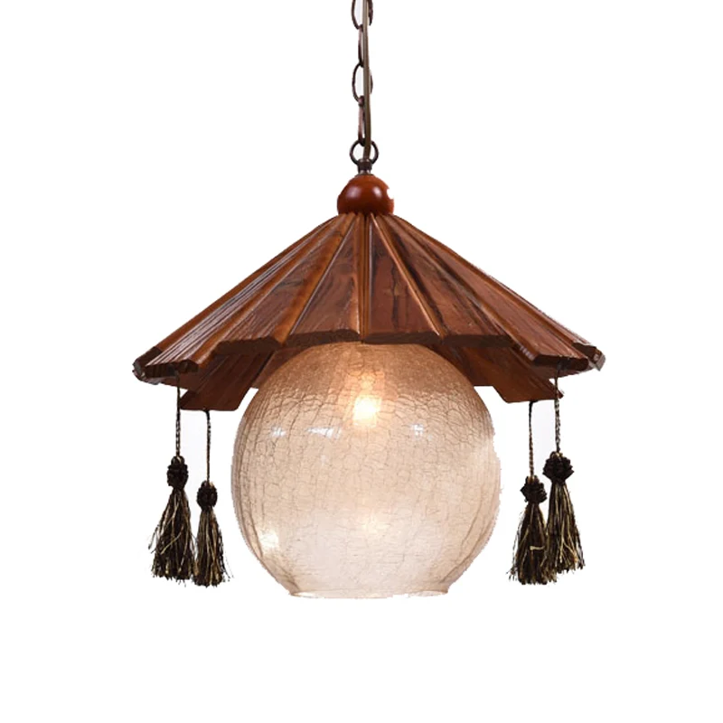 Plafondhanger met 1 kop, kegel, traditionele bruine afwerking, houten neerwaartse verlichting met bolvormige helder craque...