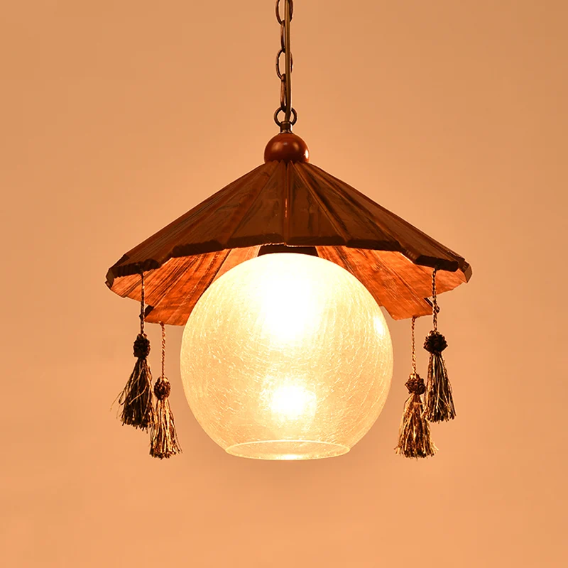 Plafondhanger met 1 kop, kegel, traditionele bruine afwerking, houten neerwaartse verlichting met bolvormige helder craque...