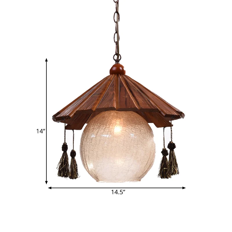 Plafondhanger met 1 kop, kegel, traditionele bruine afwerking, houten neerwaartse verlichting met bolvormige helder craque...