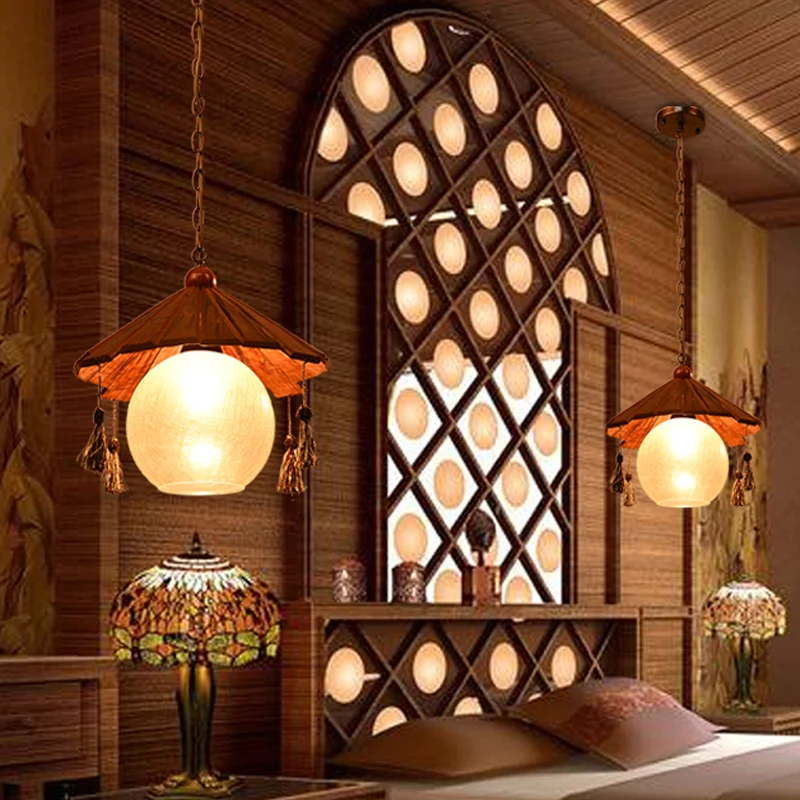 Plafondhanger met 1 kop, kegel, traditionele bruine afwerking, houten neerwaartse verlichting met bolvormige helder craque...