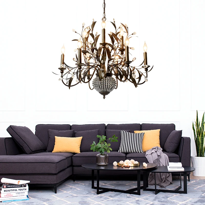 Plafondkroonluchter met 9 lampen, moderne metalen hangende verlichtingsarmatuur antiek messing Clearhalo