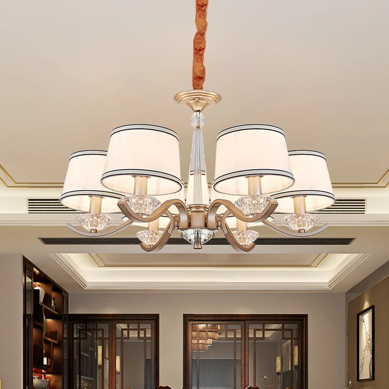 Plafondkroonluchter van textiel, modernistische hanglamp met 6 lampen en kristallen bobeche Clearhalo