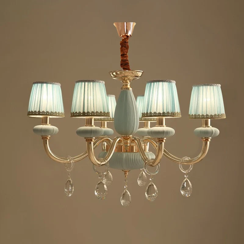 Plafondlamp met blauwe ton, traditionalistische stof, hangende kroonluchter voor slaapkamer met 6 lampen en kristallen dec...