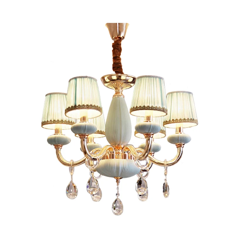 Plafondlamp met blauwe ton, traditionalistische stof, hangende kroonluchter voor slaapkamer met 6 lampen en kristallen dec...