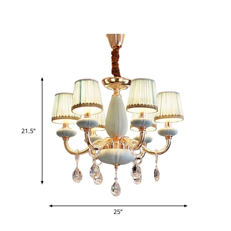 Plafondlamp met blauwe ton, traditionalistische stof, hangende kroonluchter voor slaapkamer met 6 lampen en kristallen dec...