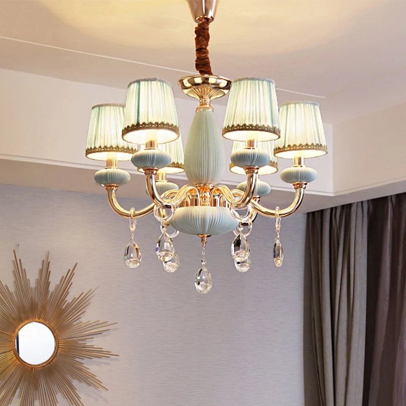 Plafondlamp met blauwe ton, traditionalistische stof, hangende kroonluchter voor slaapkamer met 6 lampen en kristallen dec...