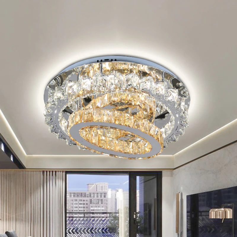 Plafondlamp met gelaagde hoepels, eigentijds kristal, roestvrij staal, LED, semi-inbouwmontage Clearhalo