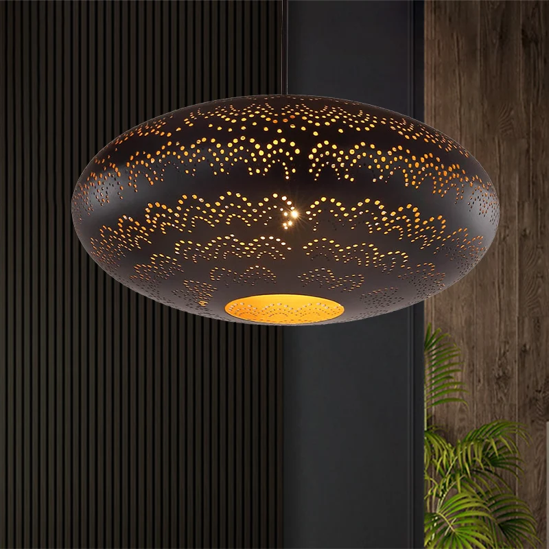 Plafondlamp met 1 lamp Arabische stijl ovale metalen hangende hanglamp zwart/zilver/messing Clearhalo