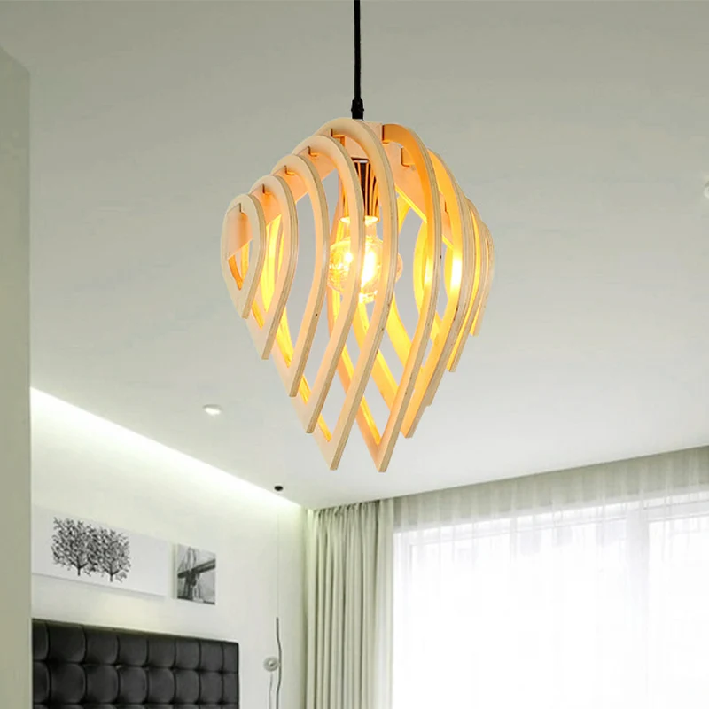 Plafondverlichting voor slaapkamer met 1 lamp Aziatisch beige hanglamp met lasergesneden houten kap Clearhalo