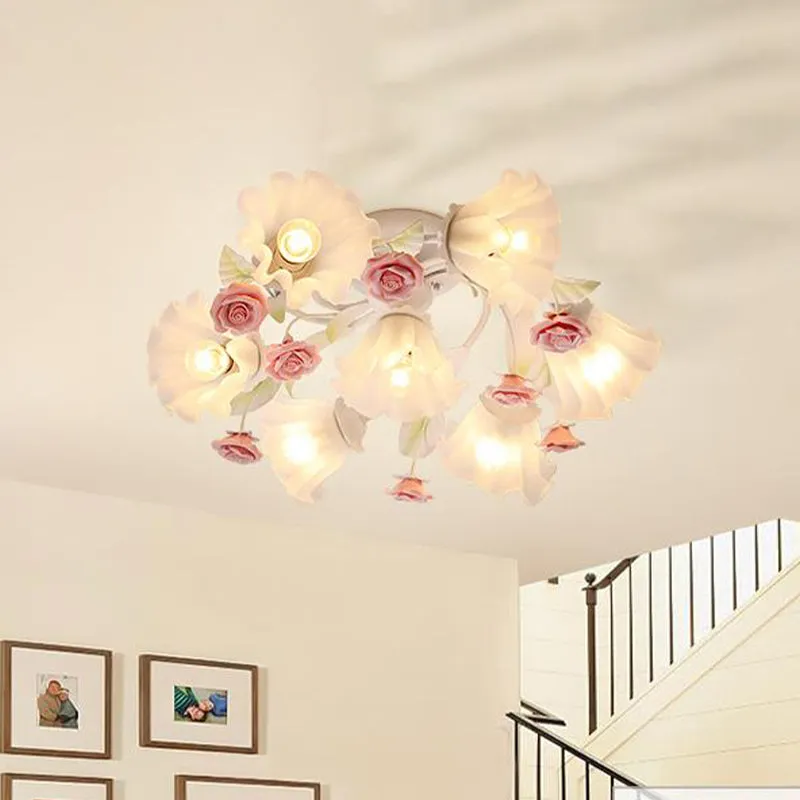 Platteland spiraal semi-mount verlichting 7 lampen wit glas verzonken plafondlamp voor woonkamer Clearhalo