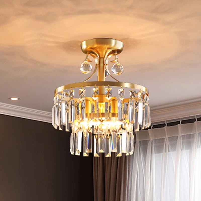Postmoderne 2-laags trommelinbouw 3-lichts kristallen prisma dicht bij plafondverlichting messing Clearhalo