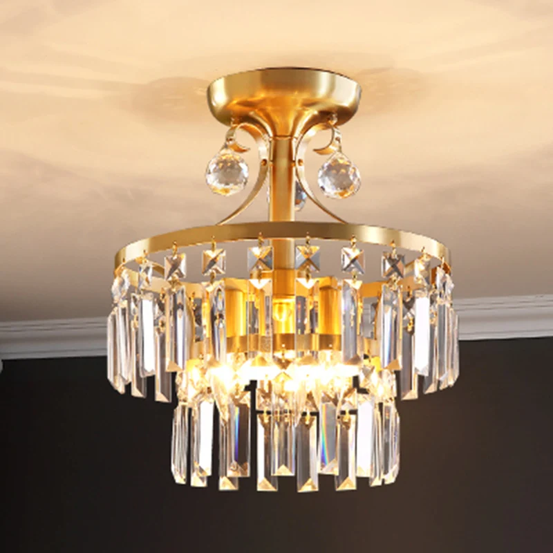 Postmoderne 2-laags trommelinbouw 3-lichts kristallen prisma dicht bij plafondverlichting messing Clearhalo