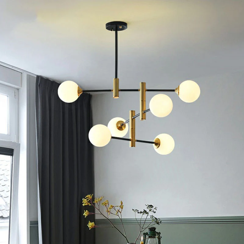 Postmoderne bolkroonluchter, ondoorzichtige glazen eetkamer hanglamp zwart en messing Clearhalo