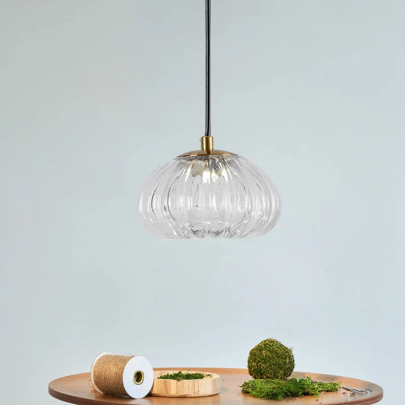 Postmoderne hanglamp met koepel Cognac/helder geribbeld glas 1-kops eettafel hanglamp Clearhalo