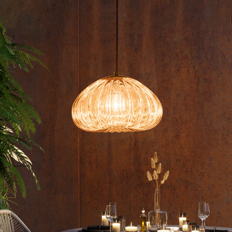 Postmoderne hanglamp met koepel Cognac/helder geribbeld glas 1-kops eettafel hanglamp Clearhalo