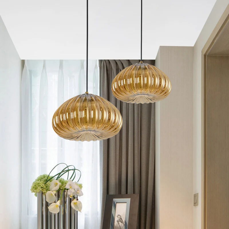 Postmoderne hanglamp met koepel Cognac/helder geribbeld glas 1-kops eettafel hanglamp Clearhalo
