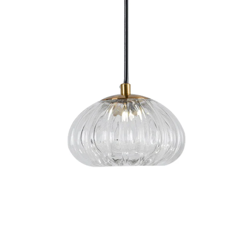 Postmoderne hanglamp met koepel Cognac/helder geribbeld glas 1-kops eettafel hanglamp Clearhalo