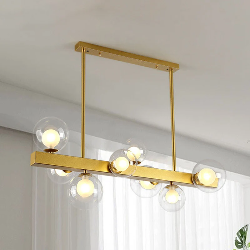 Postmoderne kroonluchter met gouden afwerking en bolschaduw 8 lichts glazen hanglamp voor eetkamer Clearhalo