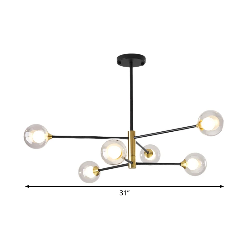 Postmoderne kroonluchter met 6/8 lampen, hanglamp met zwarte en gouden tak en dubbele helderglazen bol Clearhalo