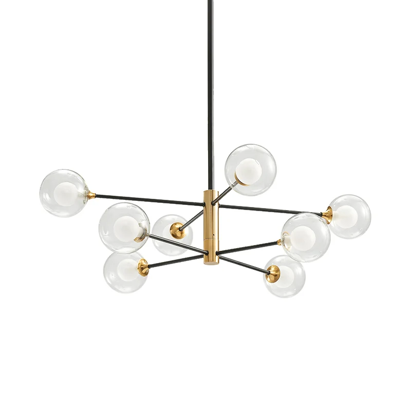 Postmoderne kroonluchter met 6/8 lampen, hanglamp met zwarte en gouden tak en dubbele helderglazen bol Clearhalo
