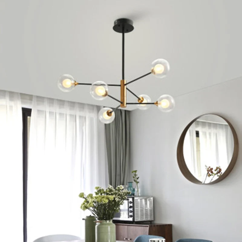 Postmoderne kroonluchter met 6/8 lampen, hanglamp met zwarte en gouden tak en dubbele helderglazen bol Clearhalo