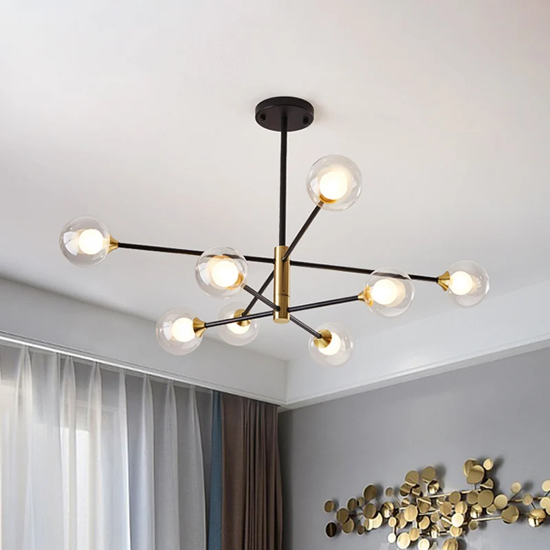 Postmoderne kroonluchter met 6/8 lampen, hanglamp met zwarte en gouden tak en dubbele helderglazen bol Clearhalo