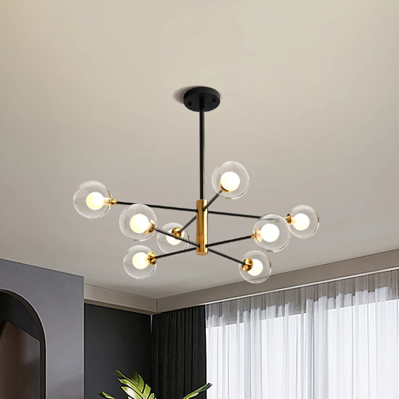 Postmoderne kroonluchter met 6/8 lampen, hanglamp met zwarte en gouden tak en dubbele helderglazen bol Clearhalo