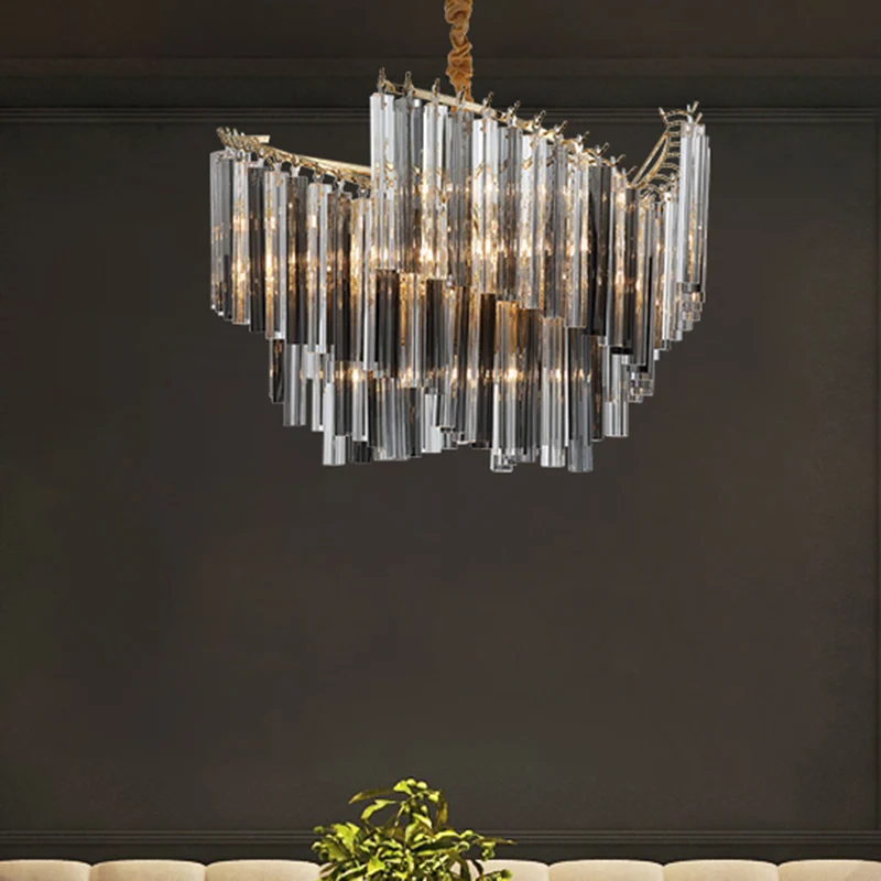 Postmoderne spiraalkroonluchter Verlichting Rookgrijs Tri-Side Crystal Rod 5/10 Heads Woonkamer Hanglamp Clearhalo