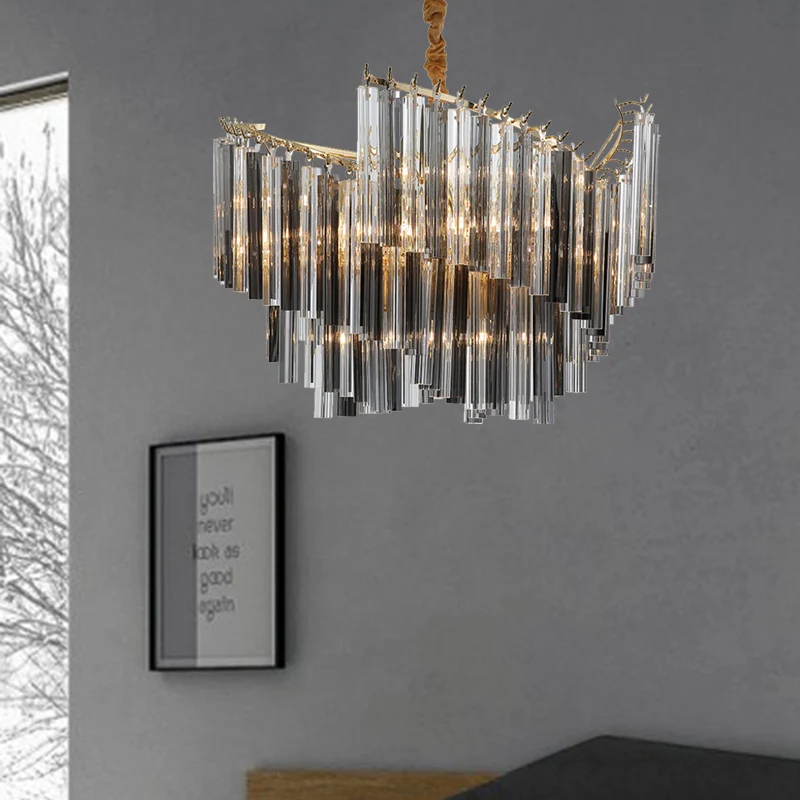 Postmoderne spiraalkroonluchter Verlichting Rookgrijs Tri-Side Crystal Rod 5/10 Heads Woonkamer Hanglamp Clearhalo