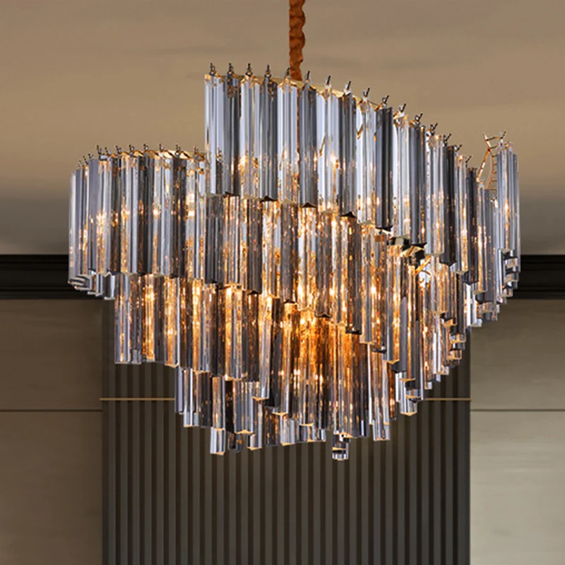 Postmoderne spiraalkroonluchter Verlichting Rookgrijs Tri-Side Crystal Rod 5/10 Heads Woonkamer Hanglamp Clearhalo