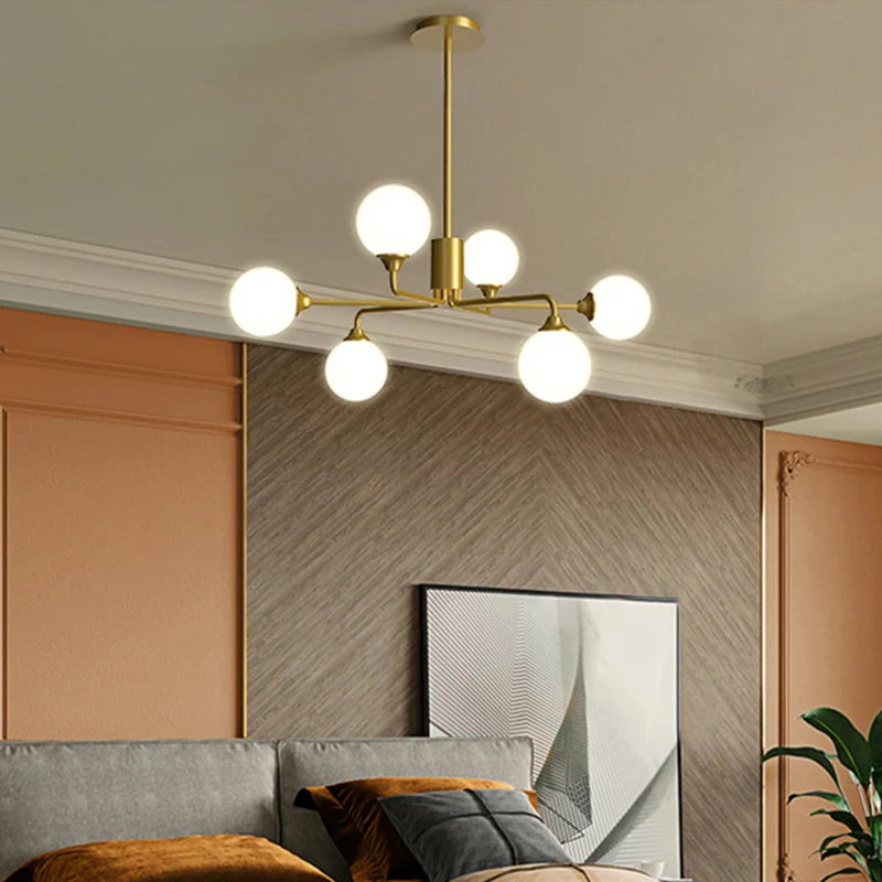 Postmoderne Spoetnik Eilandverlichting Metaal 6/9/12 Hoofden Woonkamer Plafondhanger Goud met Bal Witte Glazen Kap Clearhalo