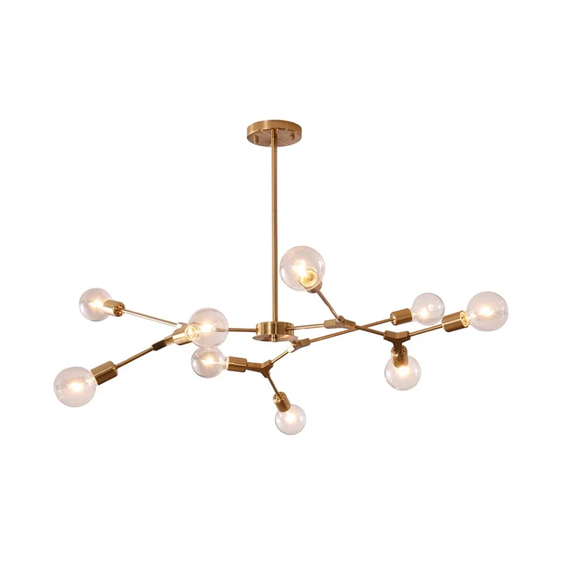 Postmoderne verstelbare hanglamp met tak, metallic 6/9 lichts, woonkamerkroonluchter zwart/goud Clearhalo