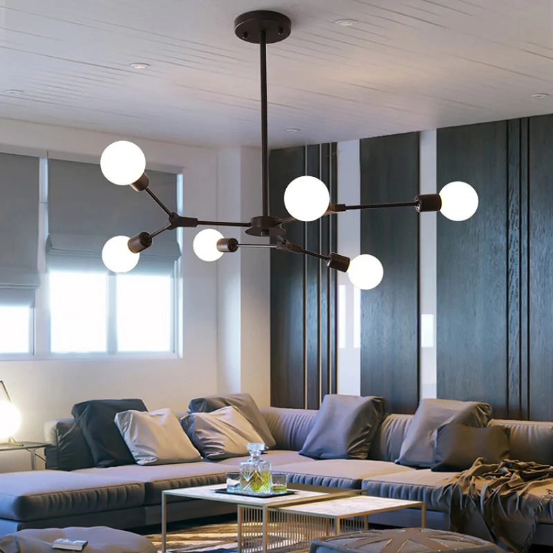 Postmoderne verstelbare hanglamp met tak, metallic 6/9 lichts, woonkamerkroonluchter zwart/goud Clearhalo
